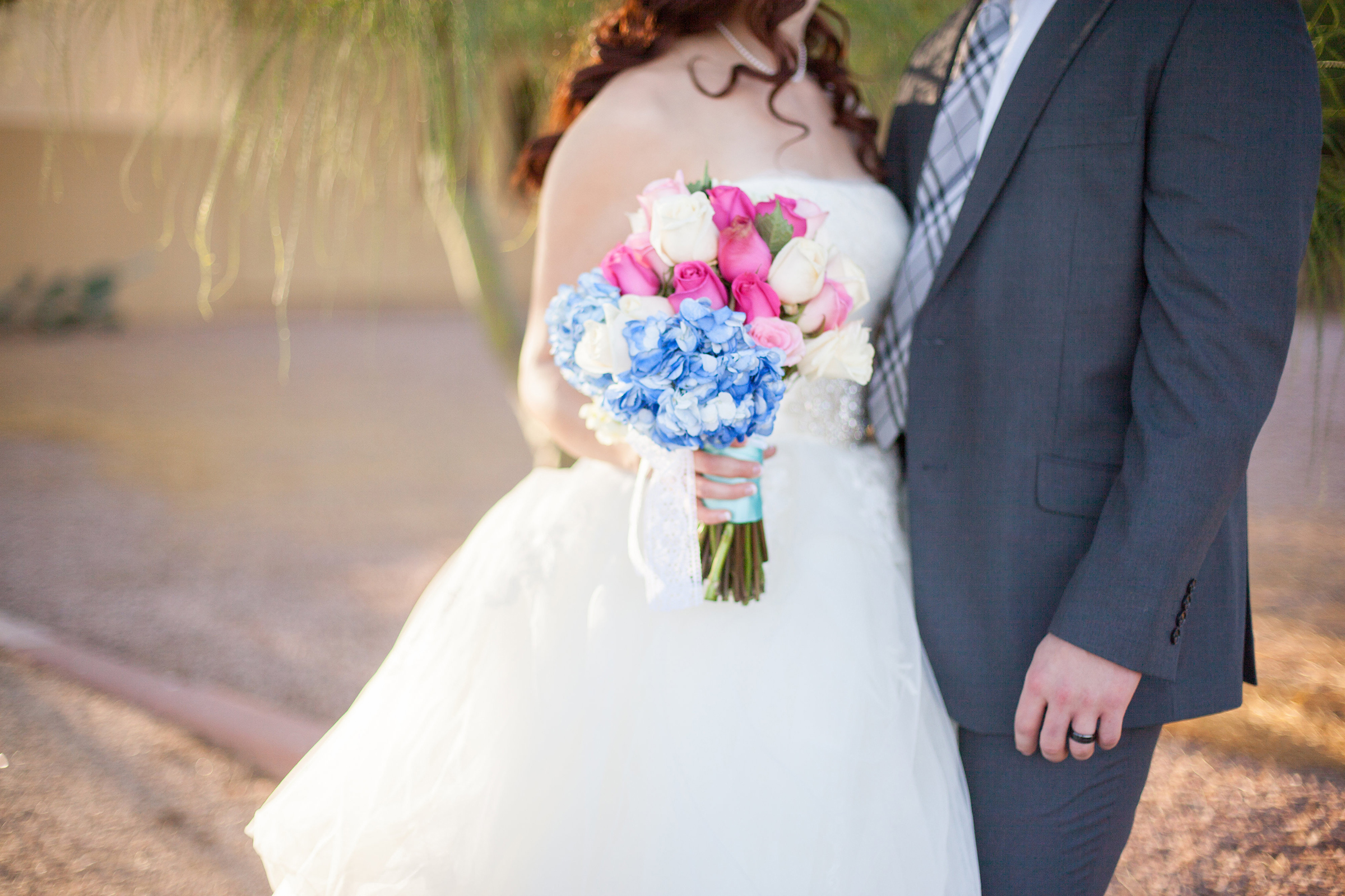 blue pink and cream wedding bouquet