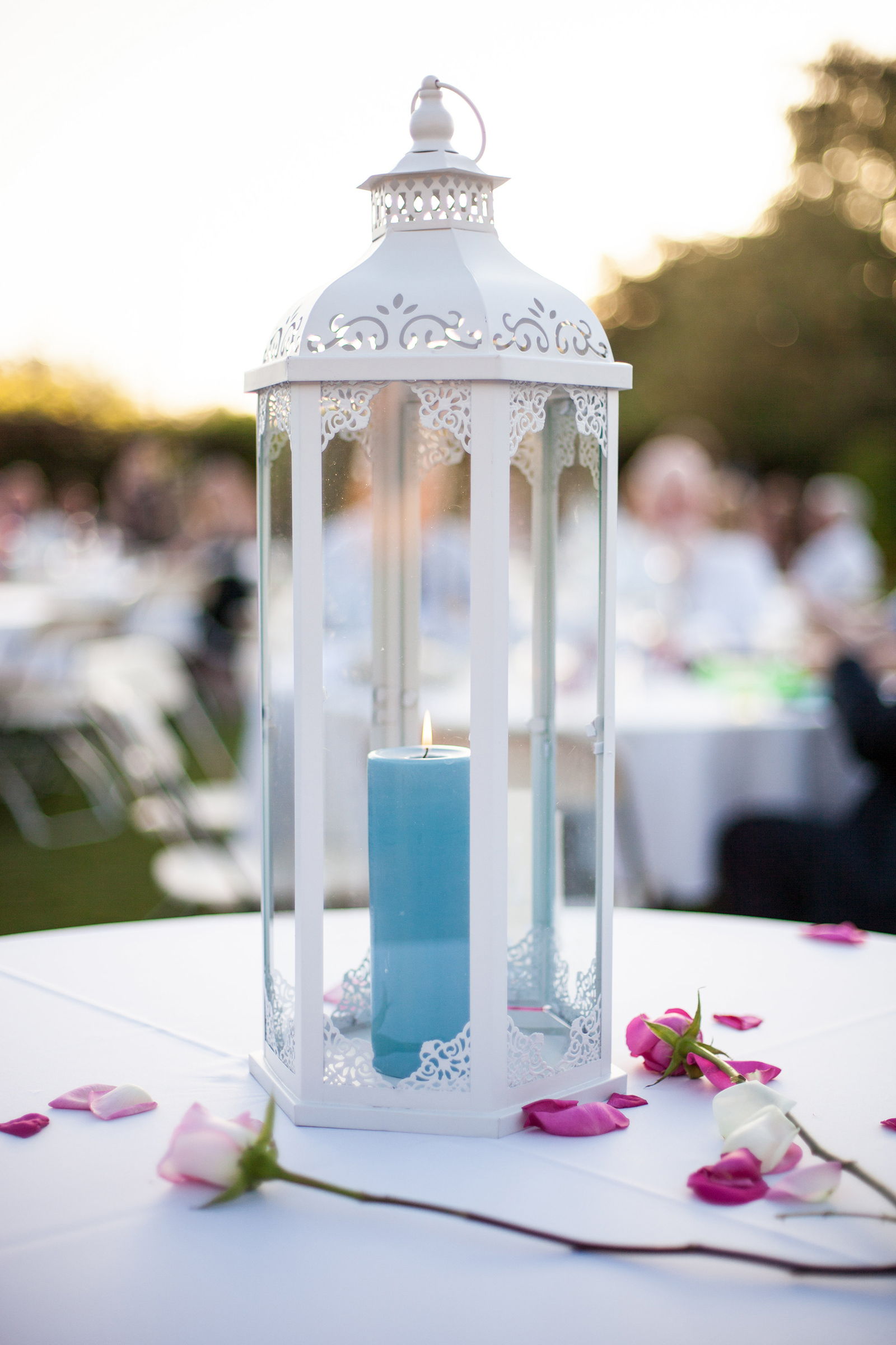 white candle lantern wedding table centerpiece