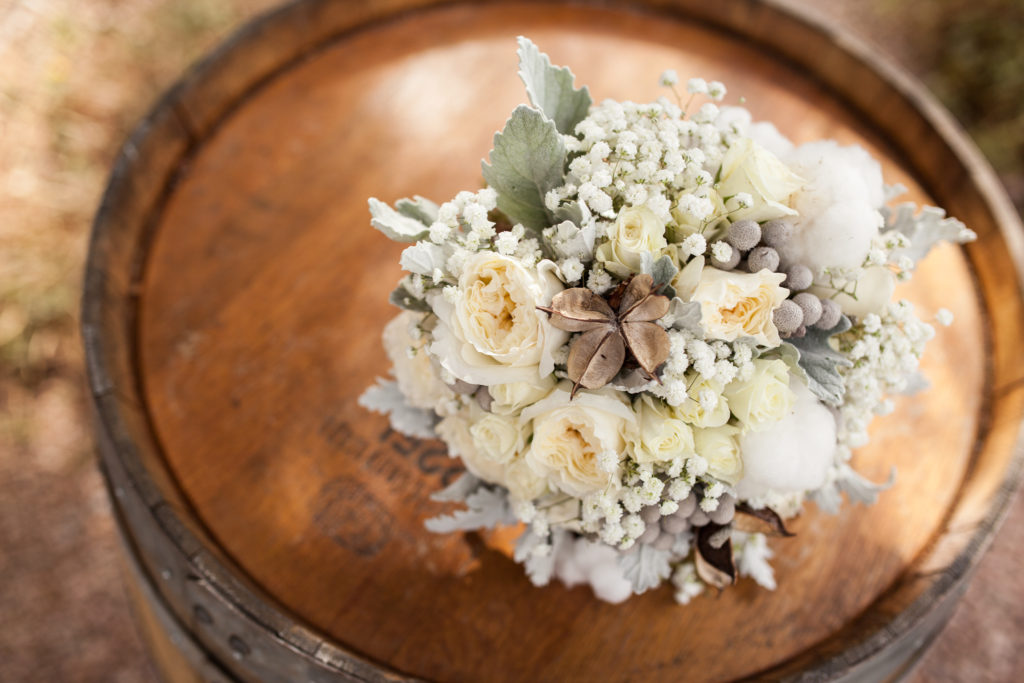 rustic wedding bouquet with cotton