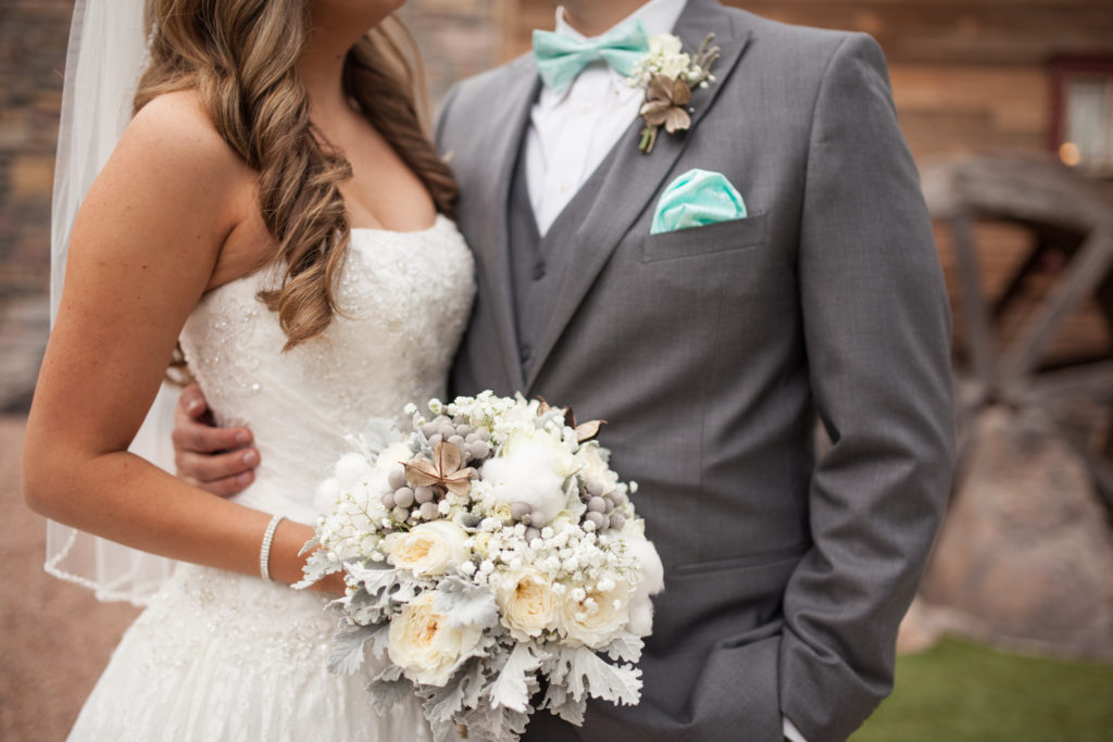 rustic cotton bouquet with grey grooms suit with tiffany blue bowtie and pocket square