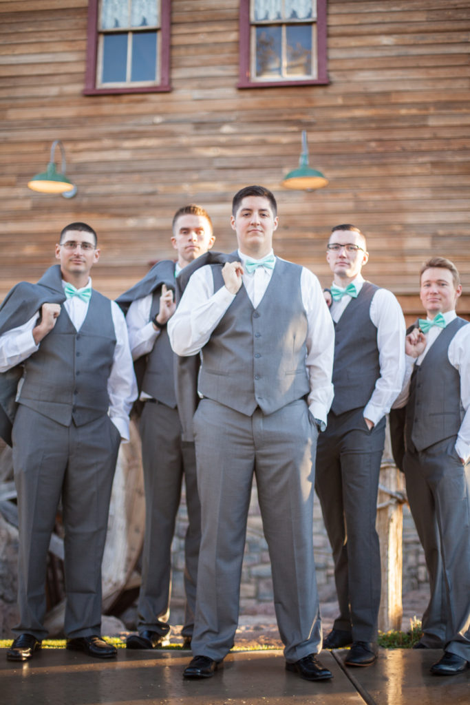 groomsmen grey suites tiffany blue bow ties