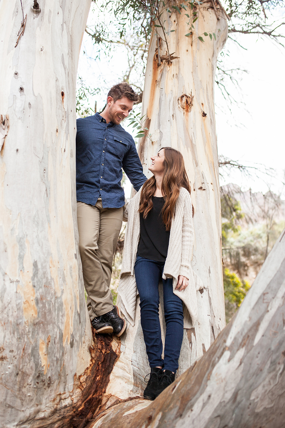 couple climbing tree during engagement session