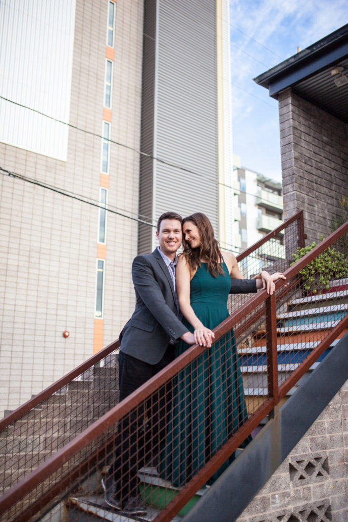 downtown phoenix engagement photos engagement pictures engagement photographer colorful stairs long flowy green dress from lulus for engagement session