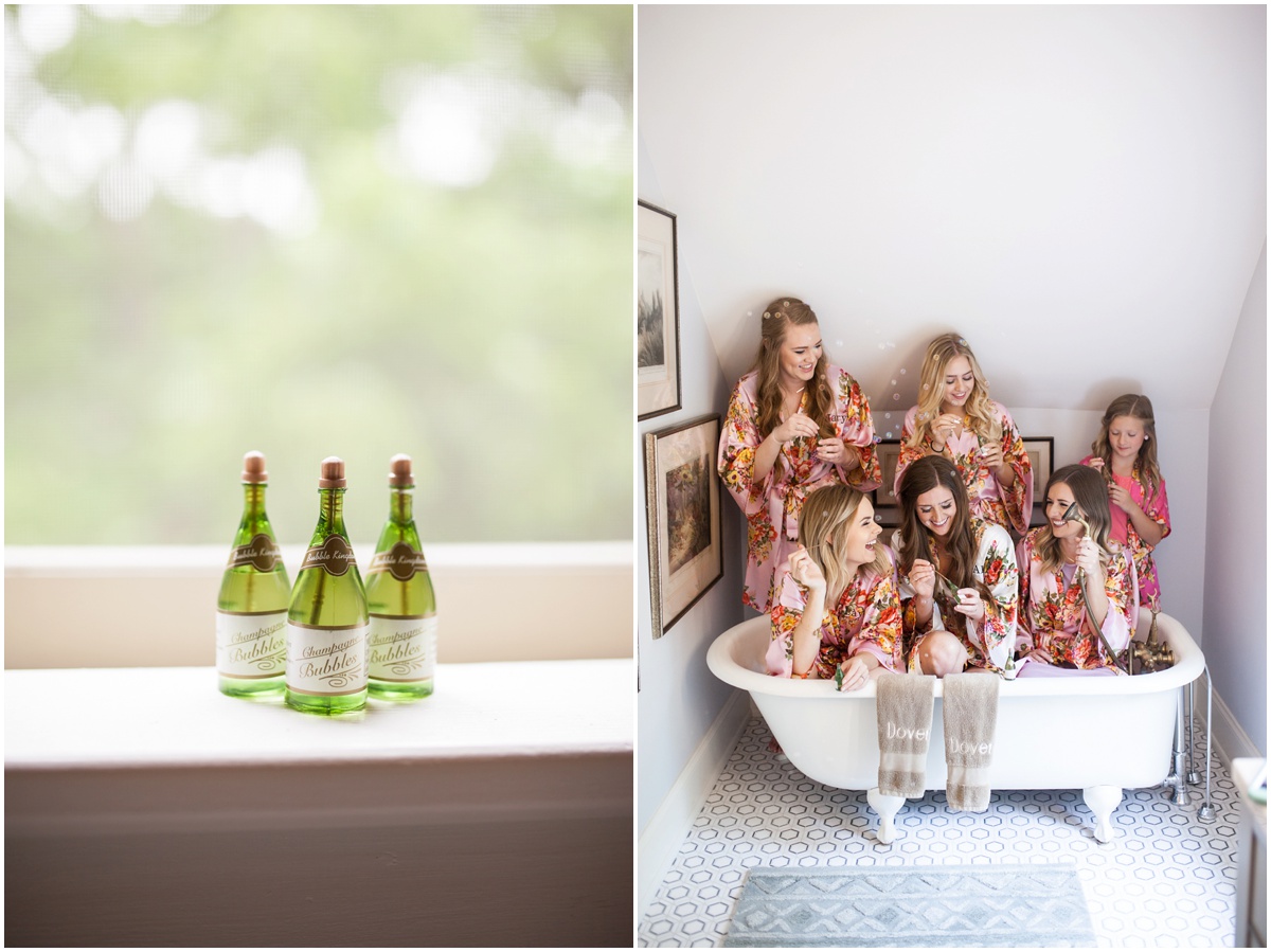 mini champagne bubble bottles and bridesmaids blowing bubbles in a claw foot bath tub