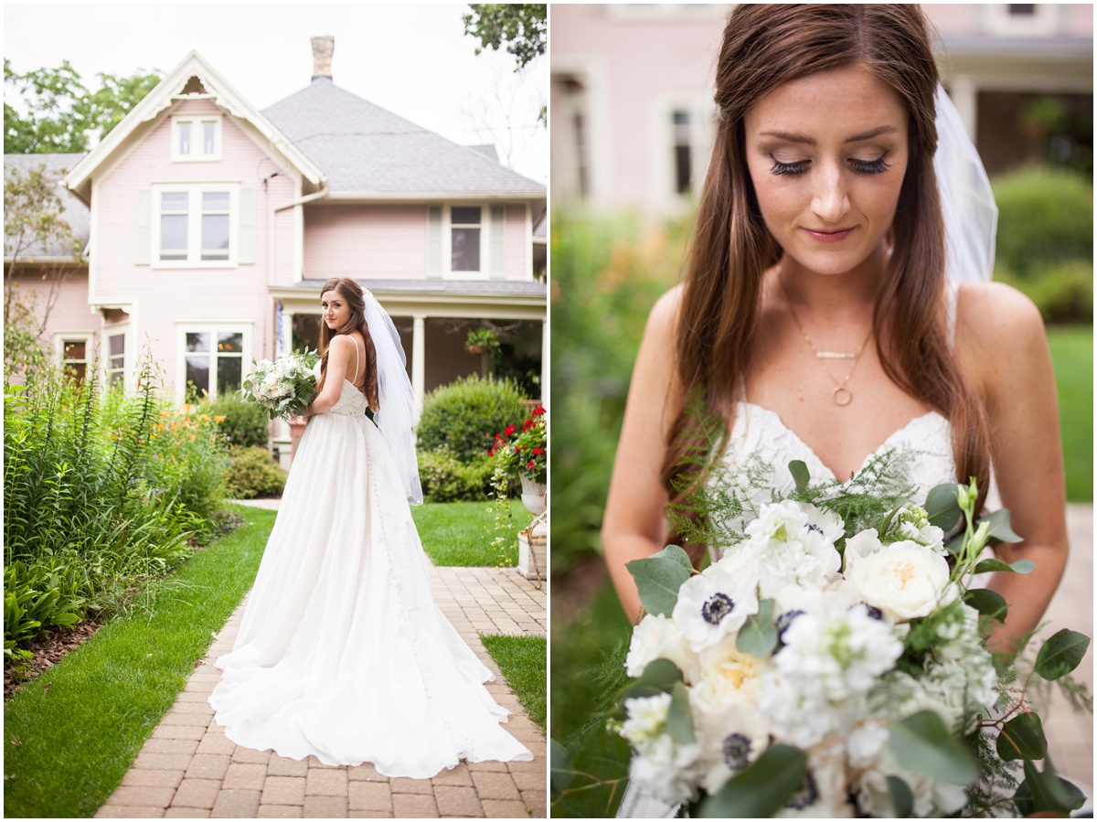 Sweetheart a-line Essence of Australia wedding dress from Uptown Bridal outside the pink victorian house at the farm at dover milwaukee with florals by Gia Bella Flowers makeup by Blush by Brittany