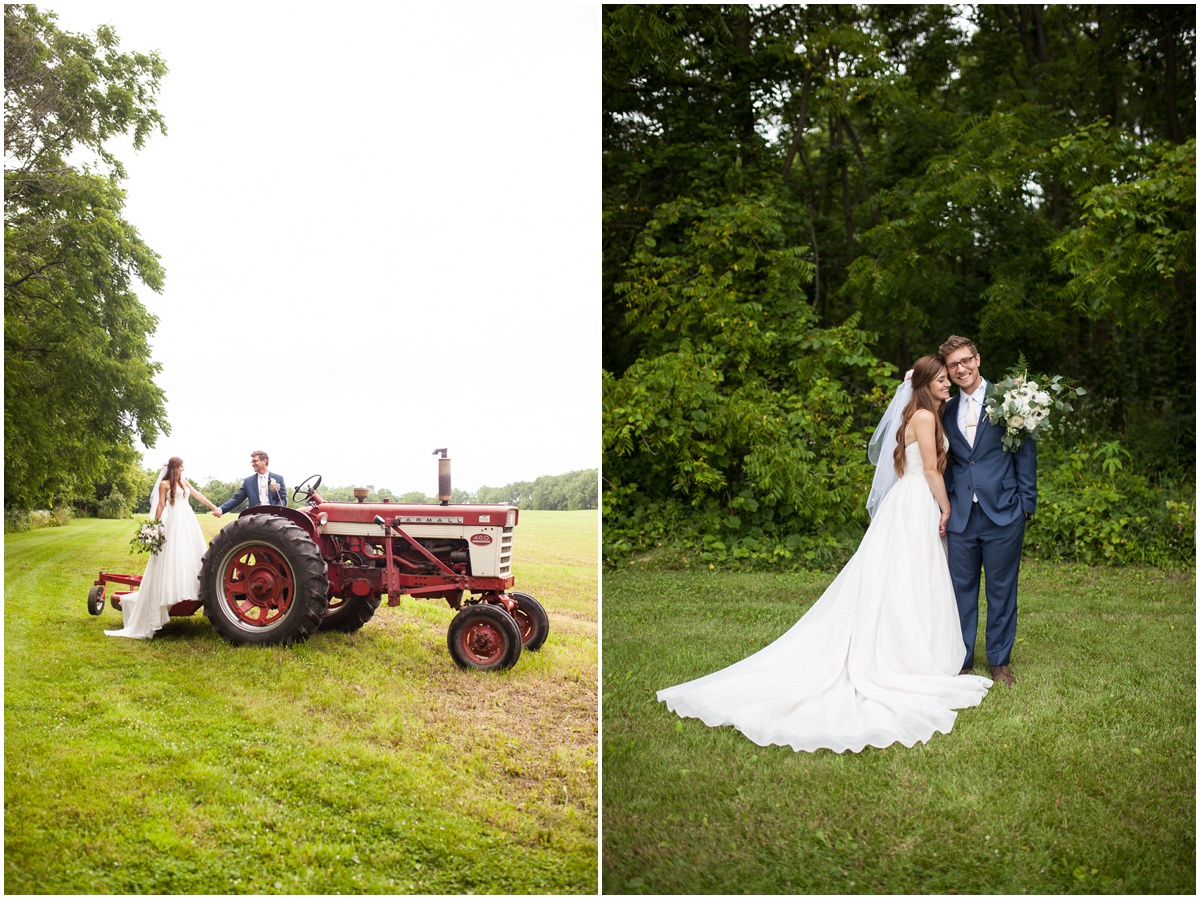 the farm at dover milwaukee bride and groom on a red tractor in an open Sweetheart a-line Essence of Australia wedding dress from Uptown Bridal