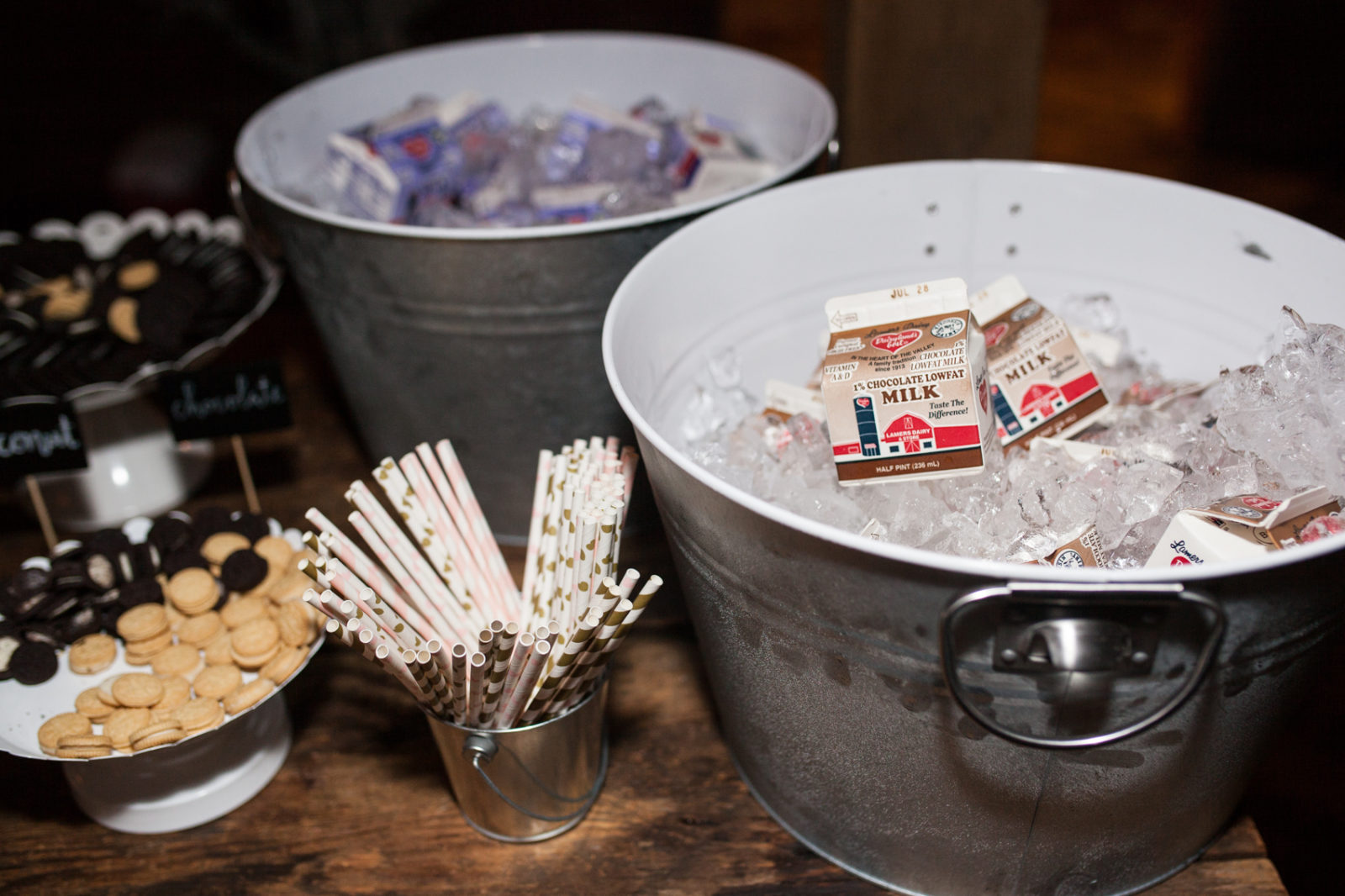 wisconsin milk and cookies bar during wedding reception at the farm at dover wedding venue
