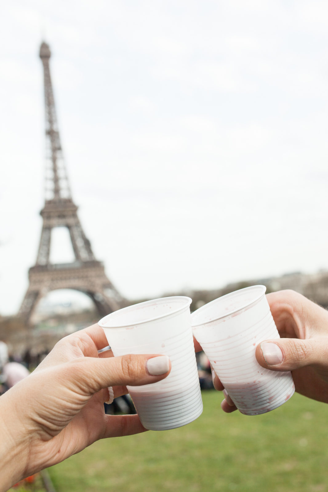 sharing wine beneath the Eiffel Tower in Paris France