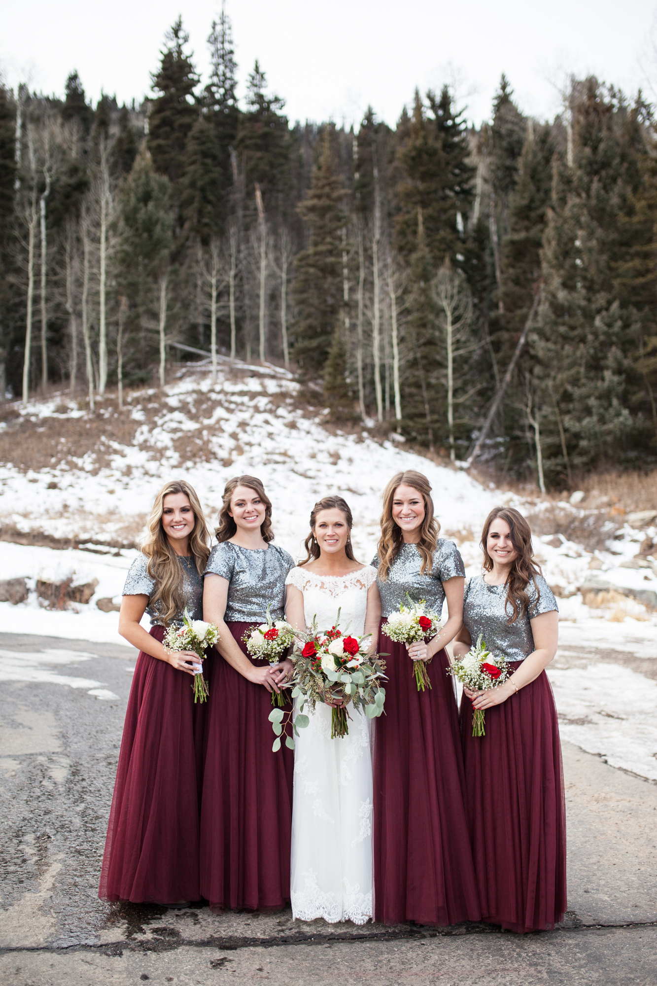 maroon and sequins bridesmaids dresses for winter wedding ideas, durango colorado winter wedding inspiration