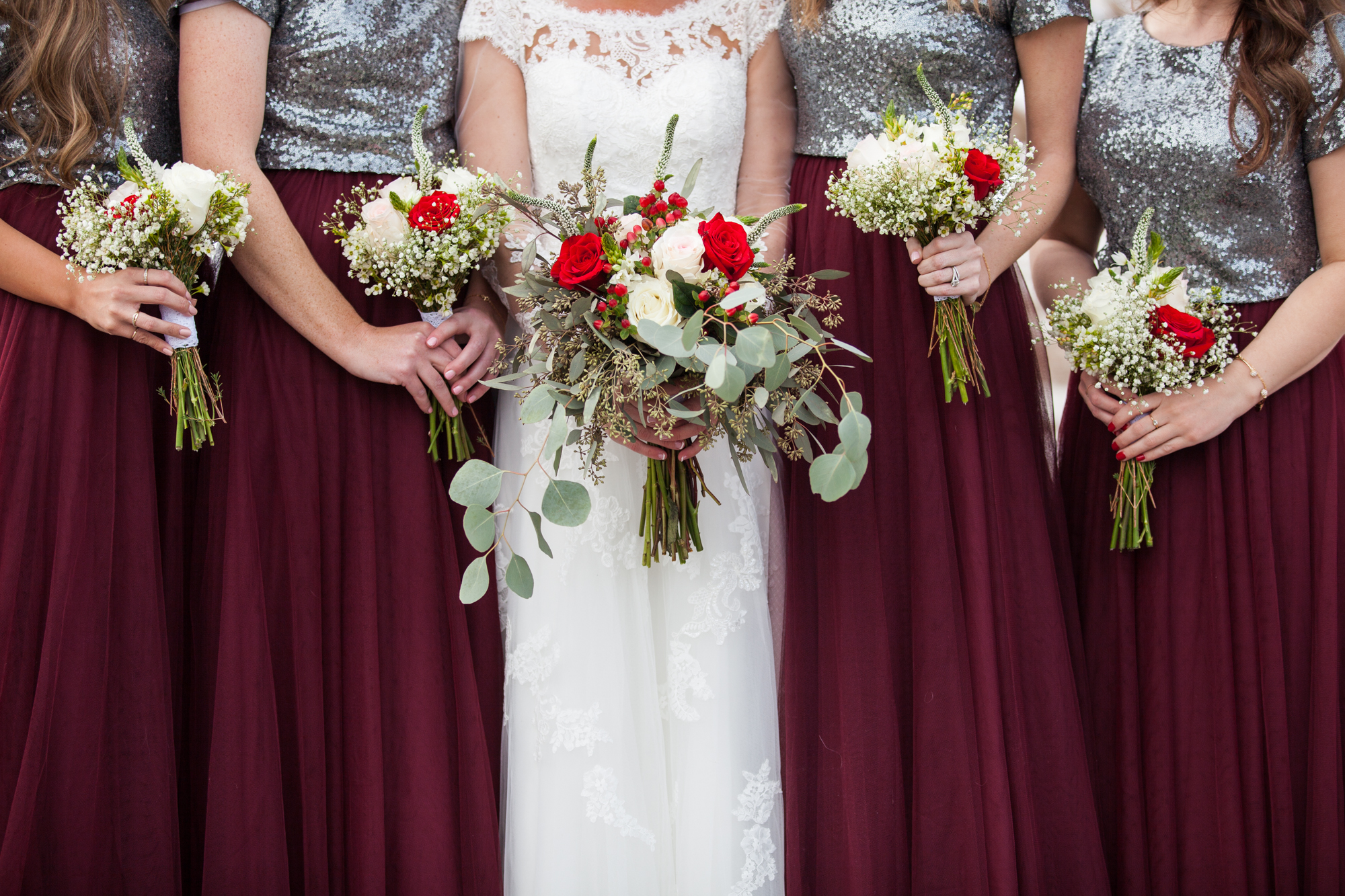 maroon and sequins bridesmaids dresses for winter wedding ideas, durango colorado winter wedding inspiration