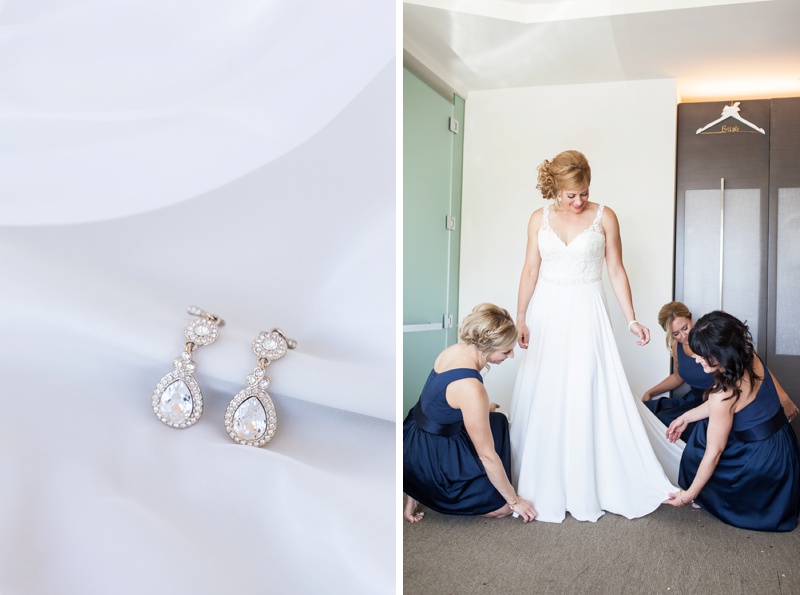 bride getting ready with bridesmaids and bridal jewelry
