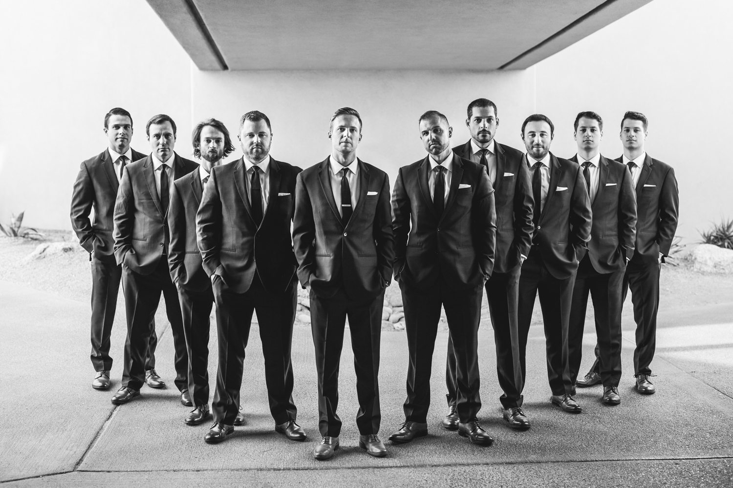 groom and groomsmen black and white photo