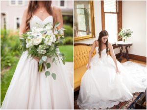 Sweetheart a-line Essence of Australia wedding dress from Uptown Bridal inside the pink victorian house at the farm at dover milwaukee with florals by Gia Bella Flowers