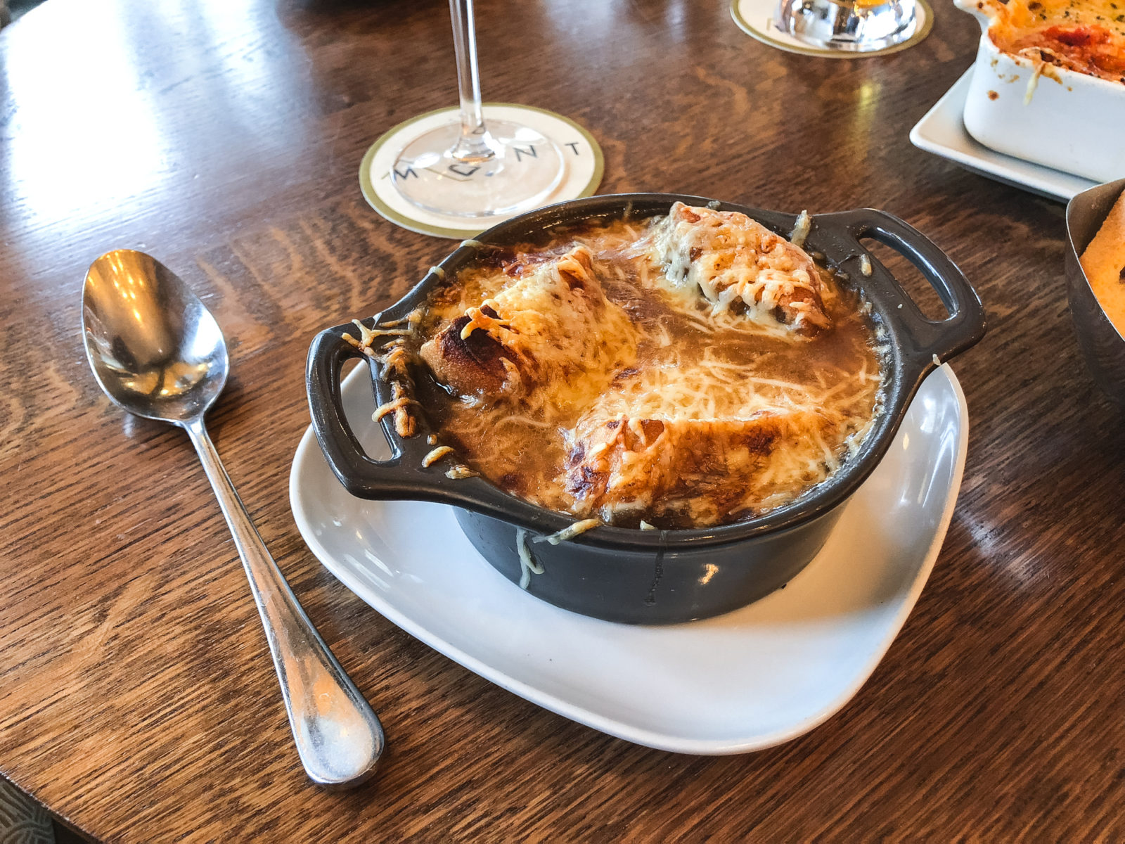 french onion soup in Paris France at Mont Cafe