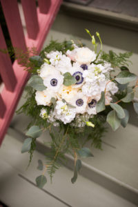 bridal bouquet with black and white anemone and eucalyptus by Gia Bella Flowers