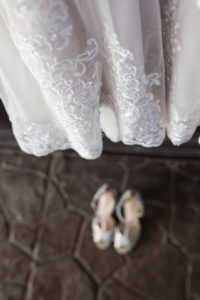 lace wedding dress and wedding shoes