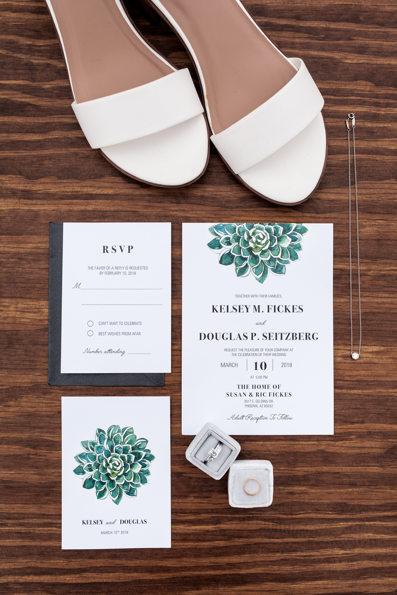 succulent wedding invitation suite with engagement ring