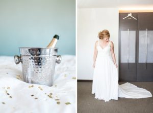 Bride in wedding dress and bottle of champagne